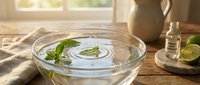 Clear glass bowl filled with fresh water and mint leaves on rustic wooden table with natural sunlight streaming through window for spa treatments.