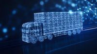Digital wireframe truck on dark blue background with glowing network connections and bokeh lights illustrates modern logistics and smart transportation technology.