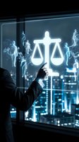 Businessman pointing at glowing holographic scales of justice with human figures, city skyline at night, law and legal technology concept.