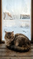 Tabby cat with long fur sitting on wooden windowsill, gazing at frost-covered window overlooking snowy winter landscape with frozen trees and forest background.