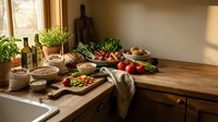 Fresh organic vegetables and herbs on rustic wooden kitchen counter with natural sunlight streaming through window creating warm cooking atmosphere.