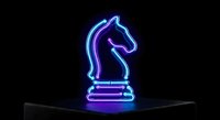 Glowing neon chess knight piece in blue and purple light on dark background for gaming and strategy concepts.