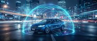 Modern sedan surrounded by glowing digital network sphere in urban cityscape at night, representing connected vehicle technology and smart transportation innovation.