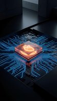 Futuristic computer processor chip with glowing orange core and blue circuit board patterns on dark background for technology concepts.