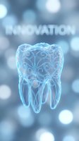 Futuristic transparent tooth with ornate swirl patterns and innovation text on blue bokeh background for dental technology and healthcare concepts.