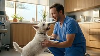 Male veterinarian in blue scrubs examining white fluffy dog in modern clinic with wooden interior and natural light from windows.