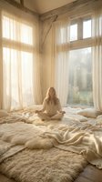 Woman with long blonde hair, Caucasian ethnicity, wearing a cream-colored linen shirt, sitting cross-legged on layered cream and beige textiles in a sunlit window nook with sheer curtains and rustic wooden beams.