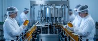 Pharmaceutical workers in sterile white uniforms and hairnets operating automated bottling equipment in modern clean room manufacturing facility.