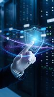 Businessman hand touching digital security shield with cyber protection icons and data encryption technology in modern server room background.