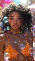 Young African American woman with natural curly hair surrounded by iridescent soap bubbles, wearing orange ruffled top and layered necklaces against colorful bokeh background.