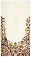 Cream colored paper with African tribal ornamental border frame featuring geometric patterns, traditional masks, wildlife silhouettes including zebra and elephant, and decorative elements in gold, orange, and navy tones. Isolated design ready for invitations, certificates, and stationery projects.