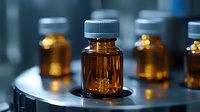 Amber glass medicine bottles with gray caps arranged in metal holder, pharmaceutical laboratory setting with blurred background, selective focus on front bottle.