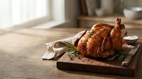 Golden roasted whole chicken with herbs on wooden cutting board in rustic kitchen setting with natural lighting for culinary and food photography.