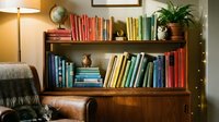 Cozy home library with colorful books arranged on wooden shelves, owl figurines, globe, and fern plant in warm living room interior.