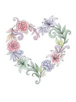 Romantic heart-shaped floral wreath with roses, lilies and decorative swirls on white background for wedding invitations, greeting cards and feminine designs.