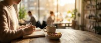 Young woman writing in notebook at wooden table with coffee cup in cozy cafe during golden hour sunlight streaming through windows.