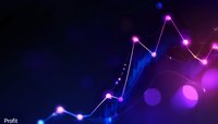 Glowing financial chart line graph with neon pink and blue gradient effect on dark background showing upward market trend and growth analysis data.