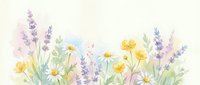 Watercolor wildflower meadow with daisies and lavender in soft pastel colors on white background for spring design projects.