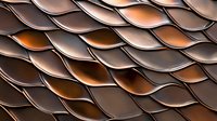 Abstract wavy pattern of overlapping metallic copper and bronze shapes creating dimensional surface texture with light and shadow effects. Modern architectural detail.