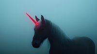 Mystical black unicorn silhouette with glowing pink horn against foggy teal background, creating magical fantasy atmosphere for fairy tale and mythological designs.