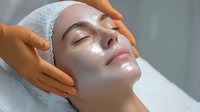 Young Caucasian woman receiving facial skincare treatment with white cream mask applied to face while relaxing during spa procedure.
