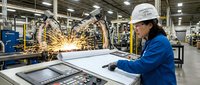 Female worker in blue uniform and white hard hat operating industrial welding equipment at manufacturing facility with sparks flying from robotic welding arm in background.