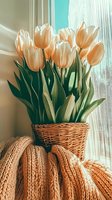 Fresh peach tulips in wicker basket by window with soft knit throw blanket, creating cozy spring home atmosphere with natural sunlight and sheer curtains.