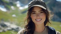 Young Caucasian woman with brown hair wearing baseball cap smiling outdoors in mountain landscape. Natural sunlight illuminates her genuine expression and windswept hair.