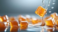 Caramel candy cubes splashing in water with droplets, dynamic food photography on blue background with soft focus and reflective surface.