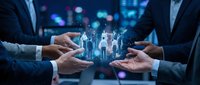 Business professionals holding holographic human figures representing team management and digital workforce solutions in corporate environment.