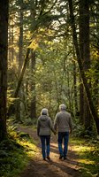 Senior couple jogging on forest trail surrounded by tall trees and dappled sunlight, active lifestyle and outdoor exercise for older adults.
