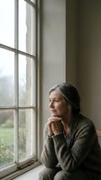 Mature woman with long dark hair and fair complexion gazing thoughtfully out large window, hand to chin in contemplative pose, wearing olive knit sweater, natural daylight interior setting.