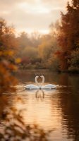 Two white swans forming heart shape with necks on golden autumn lake surrounded by colorful fall foliage trees during romantic sunset for wedding concepts.