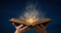 Open ancient book with magical golden light and sparkles emerging from pages held by hands against starry night sky background for fantasy storytelling concepts.