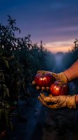 Farmer hands holding fresh red apples at sunset in orchard with purple sky background for harvest season and organic farming concepts.
