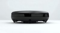 Sleek black robotic vacuum cleaner side view on white background, modern smart home appliance for automated cleaning, isolated product photography.