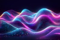 Abstract glowing waves with sparkling particles in neon blue and purple colors against dark background create futuristic digital landscape effect.