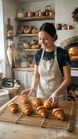 Female baker with dark hair and Mediterranean ethnicity arranging freshly baked croissants on a cooling rack in rustic kitchen with bread oven and shelving.