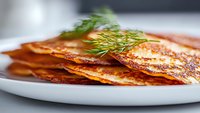 Crispy golden crepes stacked on white plate garnished with fresh dill, close-up view showing delicate layers and texture. Perfect for food and culinary projects.