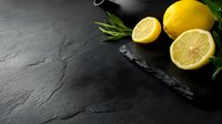 Fresh yellow lemons and green rosemary sprigs arranged on dark slate stone background with copy space, moody food photography style.