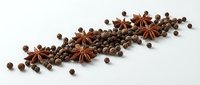 Star anise and allspice berries arranged in a decorative line on white background, suitable for culinary, food styling, and spice trade marketing materials.