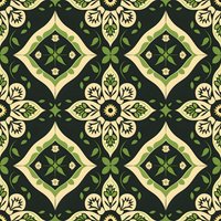 Elegant floral seamless pattern in dark green and cream colors featuring geometric diamond shapes and stylized leaf motifs. Repeating ornamental design for fabric and decor.