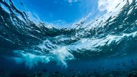 Underwater view of ocean waves and bubbles from below surface with bright blue water and sunlight filtering through for marine backgrounds.