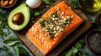 Fresh raw salmon fillet garnished with herbs, garlic and nuts on wooden cutting board with avocado, olive oil and spices for healthy cooking.