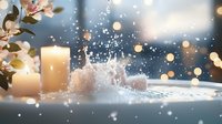 Glowing candles and water splash with cherry blossom branches against blurred bokeh background create serene spa atmosphere for wellness and relaxation.
