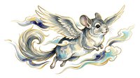 Winged mouse character with flowing tail and ethereal clouds, isolated on transparent background, suitable for children's book illustrations, fantasy artwork, apparel design, and decorative clipart applications.