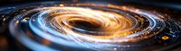 Glowing spiral of light and energy creates dynamic motion effect against dark background, featuring orange and blue luminous streaks in cosmic pattern.
