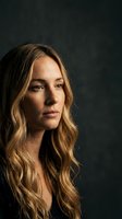 Thoughtful young Caucasian woman with wavy blonde hair and freckles, dramatic studio lighting, dark background, serious expression.