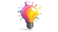 Colorful light bulb with rainbow gradient and paint splashes on white background, creative thinking and innovation concept for business presentations.