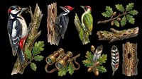 Vintage woodpecker bird clipart set isolated on transparent background, featuring forest elements, oak branches, acorns, feather, binoculars, ready for stickers, t-shirt design, print on demand.